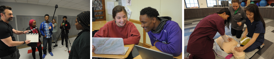 Series of images: students filming a movie, two students looking at a computer, students practicing with a medical dummy